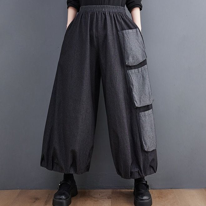 HIGH WAIST WIDE LEG POCKET DETAIL LOOSE PANTS M-18327