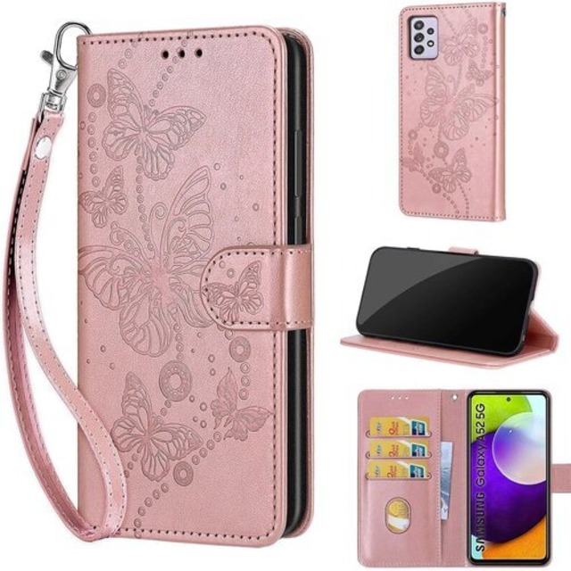 Samsung Galaxy A52 5G ケース 手帳型 対応 galaxy SC53B 財布型 携帯カバー galaxy a52sスマホケース 高级PUレザー 耐衝撃 耐摩擦 全面保護 ホルダーバンプパタカード収納 軽量 手触りが良い 人気上品な シンプル気質 ギフト ローズゴールドの蝶 2440