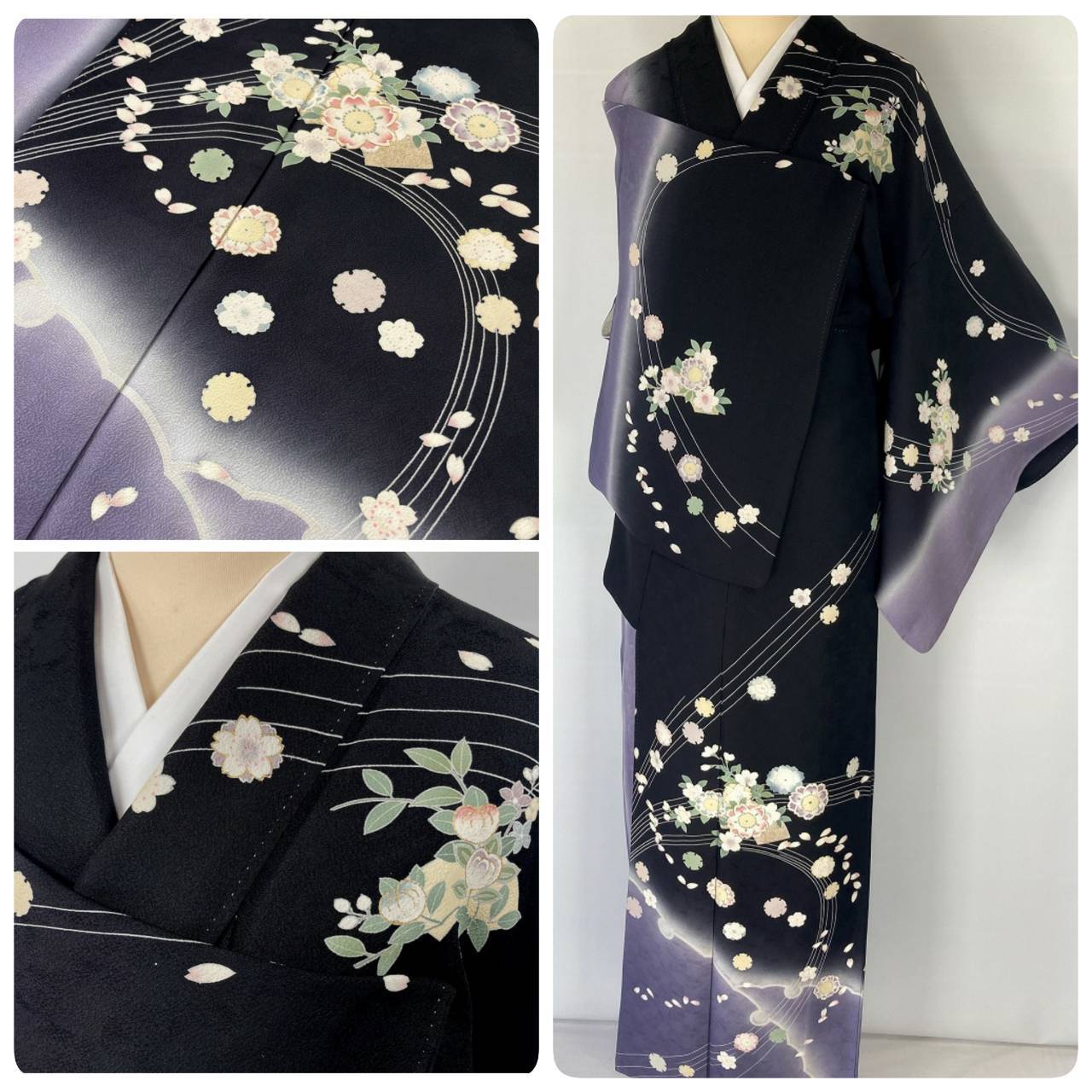 京友禅 金駒刺繍 雪輪 桜 花柄 訪問着 袷 正絹 黒 紫 1159 | kimono Re:和 [online store] キモノリワ 着物 帯