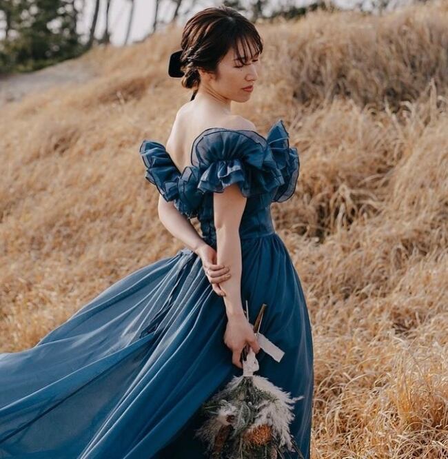 上品！ カラードレス ブルー 上質オーガンジー オフショル ミニ  