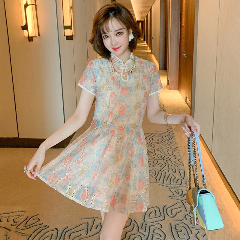 自然派スタイルプリントボタン刺繍ショートトップス プリーツスカート MIUCO44015212801