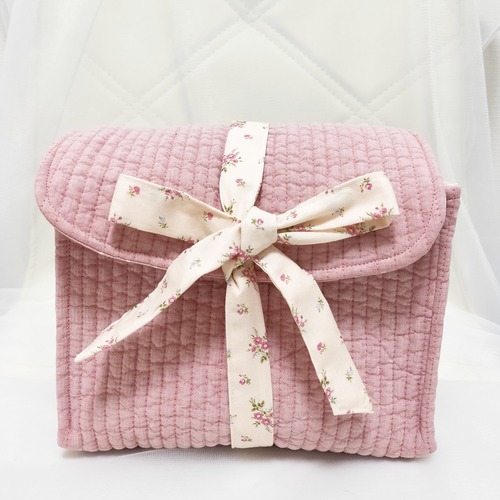 巾着付きボックス型リボンポーチ　くすみピンクヌビ&ピンクの小花