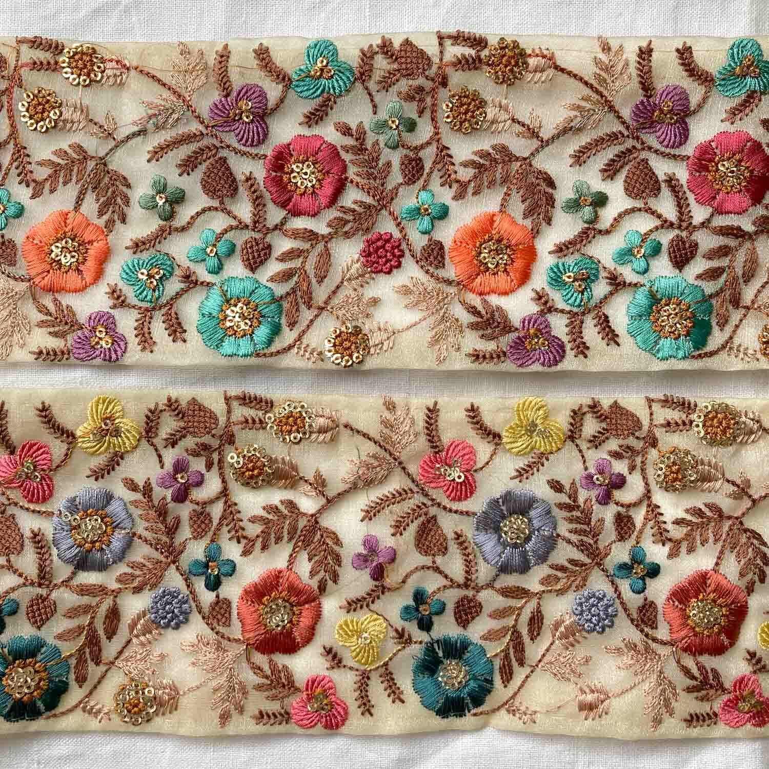 新色追加〉生成色オーガンジー幅広カラフルお花刺繍リボン（50cm