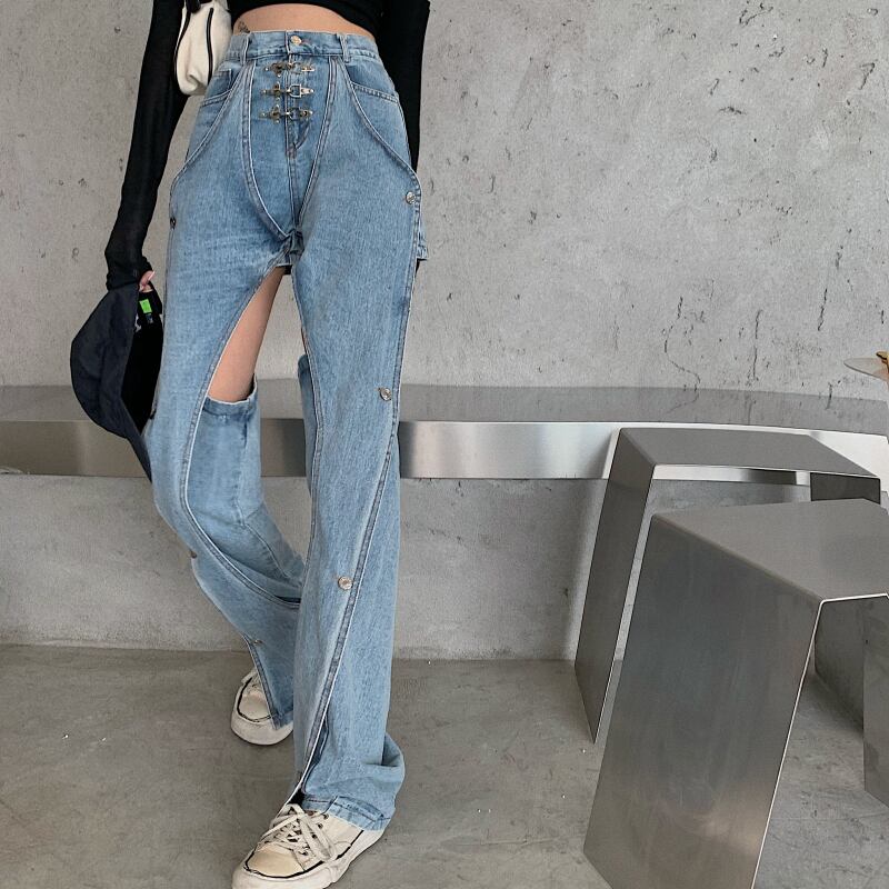 不規則なデザインセンス破れたデニムパパパンツ女性秋ハイウエストルーズストレートパンツ薄くて用途の広いパンツ ブラックストロベリース83454502551