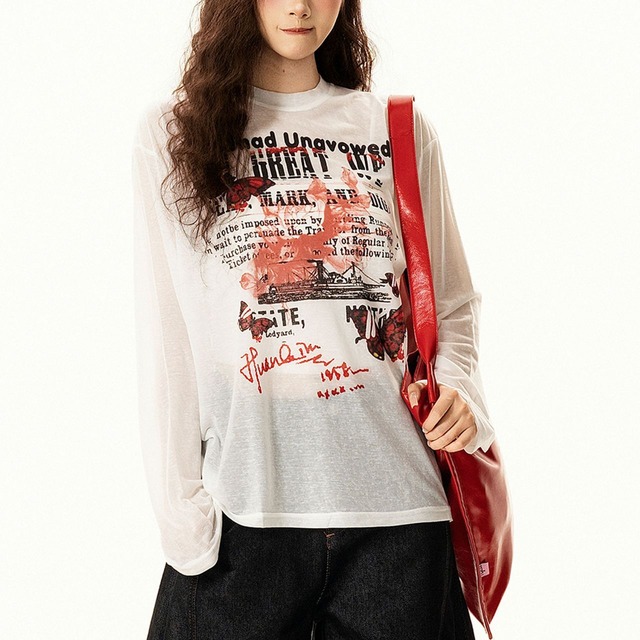 バタフライコラージュグラフィックロングスリーブTシャツ 1col R02568