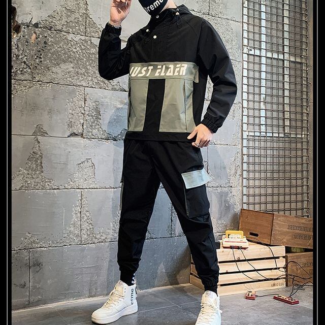 予約販売】メンズ セットアップ 上下 ブラック オフホワイト フード