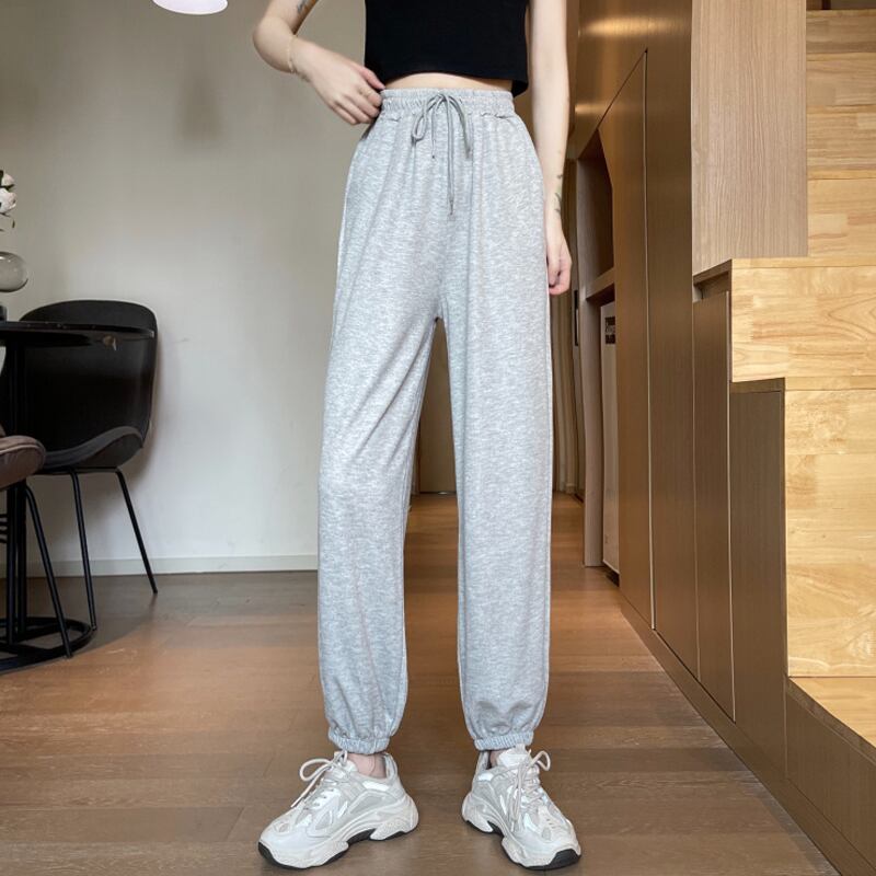 サマー薄手カジュアルパンツ レディースグレーハイウェストウェスト 夏物 スーパーモール57458084665