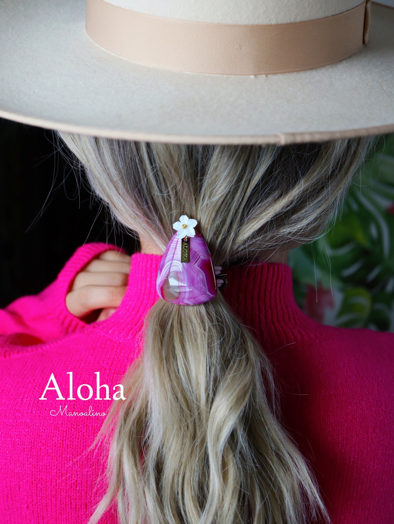 Pink agate×Plumeria hair accessory(ピンクアゲート瑪瑙天然石×プルメリアヘアゴム)