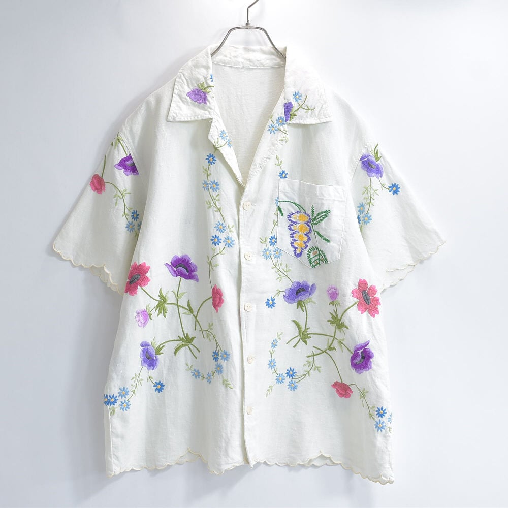アンティークフランス アイレット花刺繍 スカラップリム リネンシャツ 