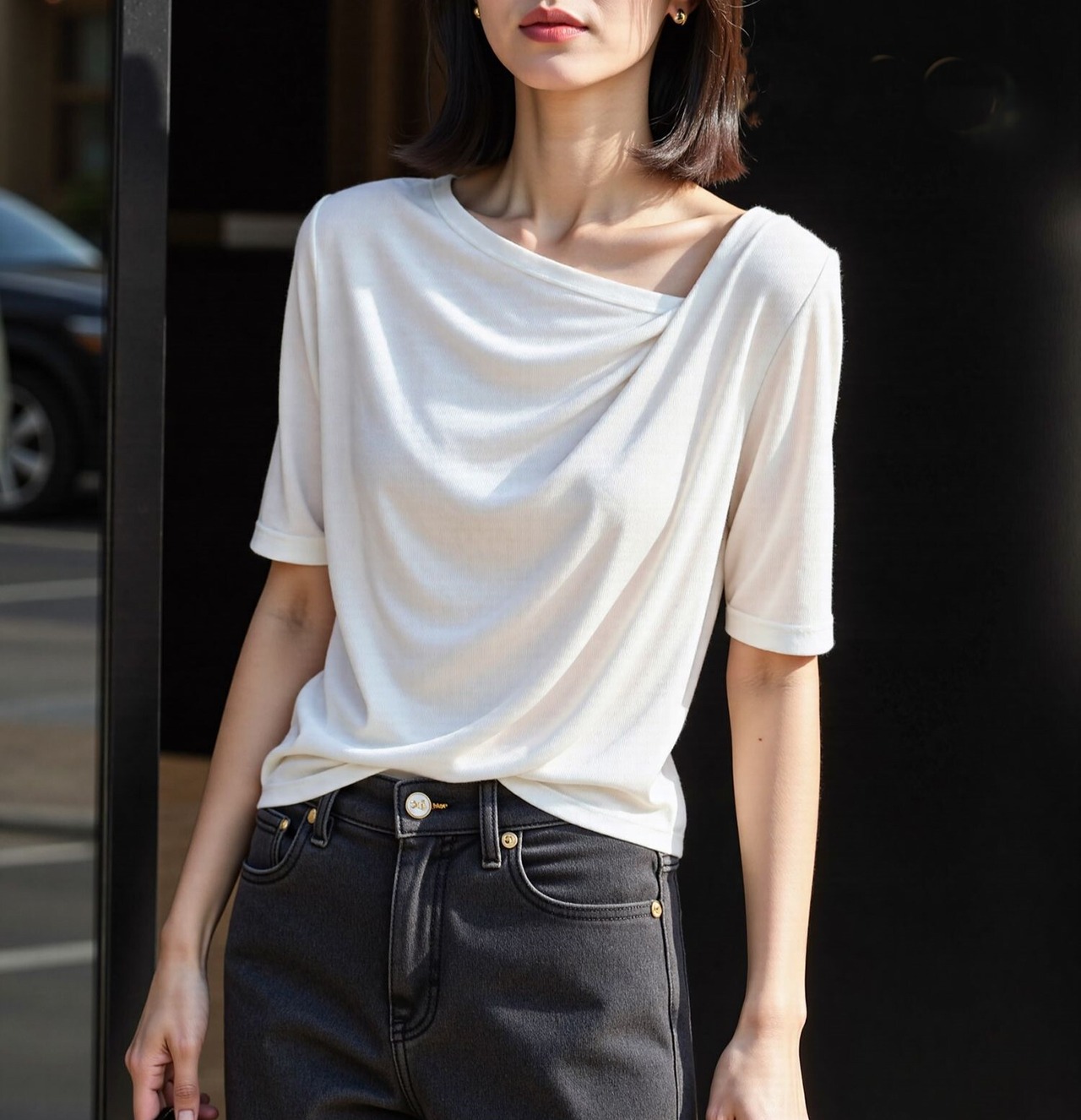 アシンメトリードレープデザイン五分袖トップス W01319
