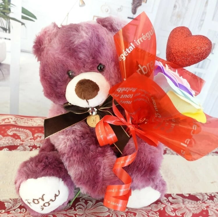 祝い花束]くまちゃん付き(赤色orピンク)バラ