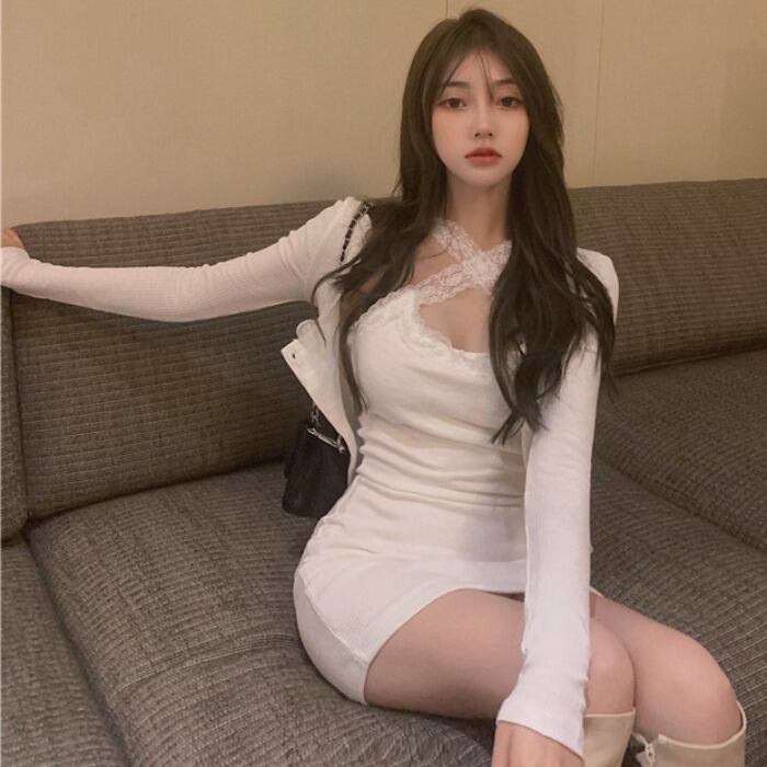 レディースオータムウィンタースリムレースドレス スタイルカーディガンレッド 秋物 冬物 ドラファッションホール99072934818