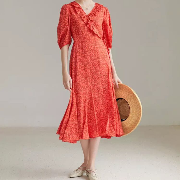 フラワープリントフリルとVネック大きくてゆったりとしたコレクションドレスop250703