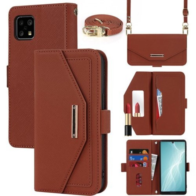 Pelanty for AQUOS Sense4/ 4lite/ 4 basic 手帳型ケース SH-41A A003SH 縄掛け肩掛け 合成皮革+TPU 携帯カバー 化粧鏡+ストラップ付き マグネット Sense5G SH-53A SHG03 財布型カバー ICカード 小銭入れ大容量 収納ポケット スタンド機能 シャープ アクオス センス4ライト 耐衝撃 耐摩擦 肩縄付き-ブラウン 1794