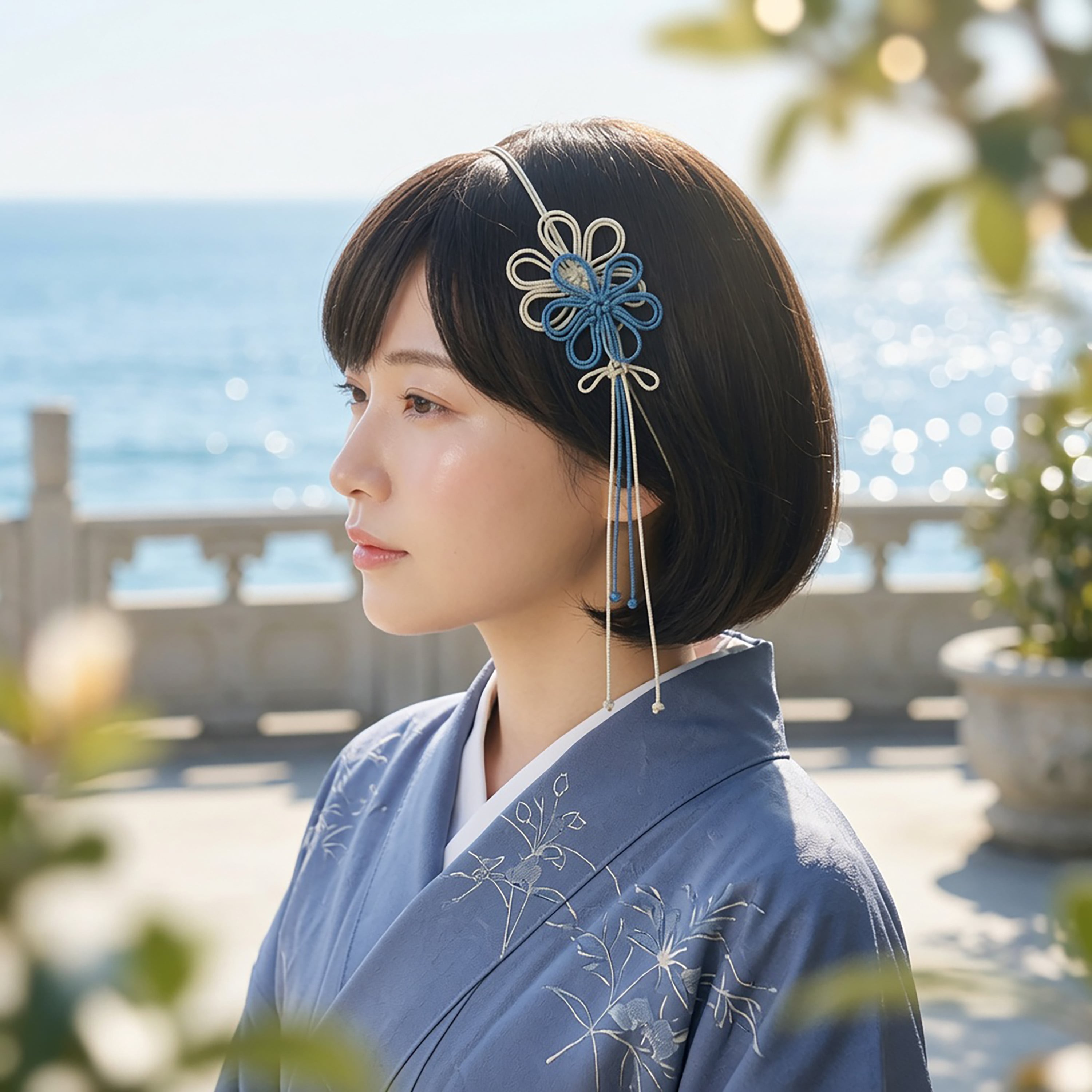飾り結びカチューム「冴エウタフ爽」(アイボリー×縹)【軽量・簡単】浴衣や着物、日常使いにも。