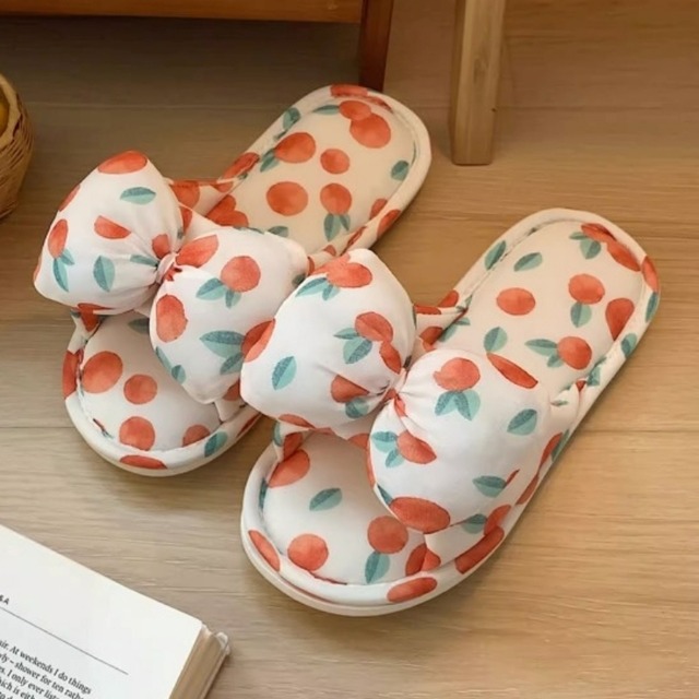 【2color】big ribbon cute print room slippers p969