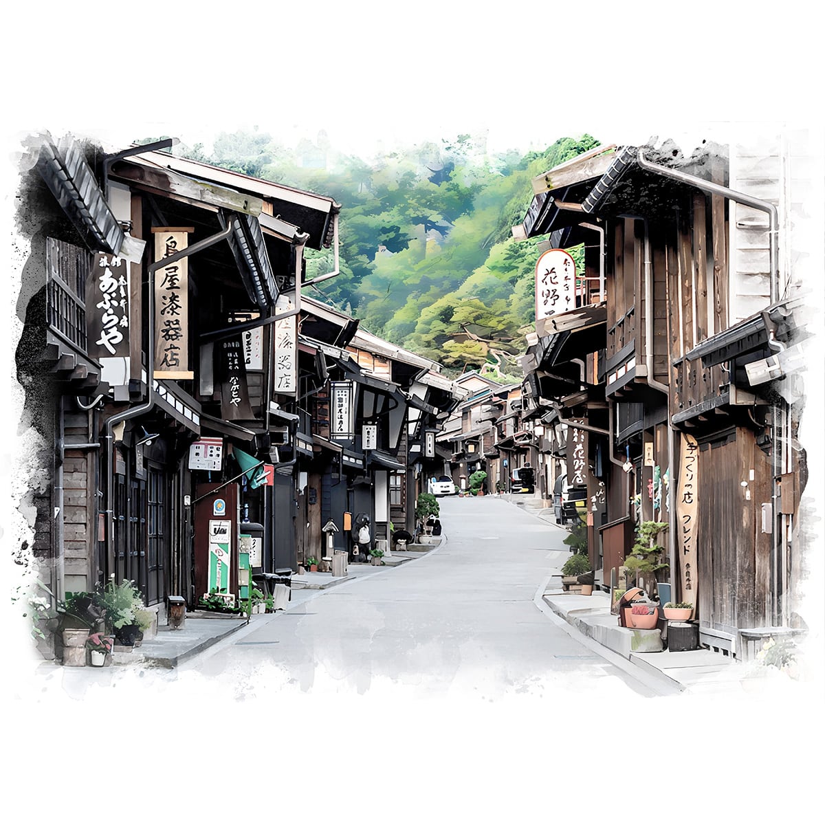 絵画(風景画) 日本 長野県 中山道 奈良井宿 インテリアアート額付き