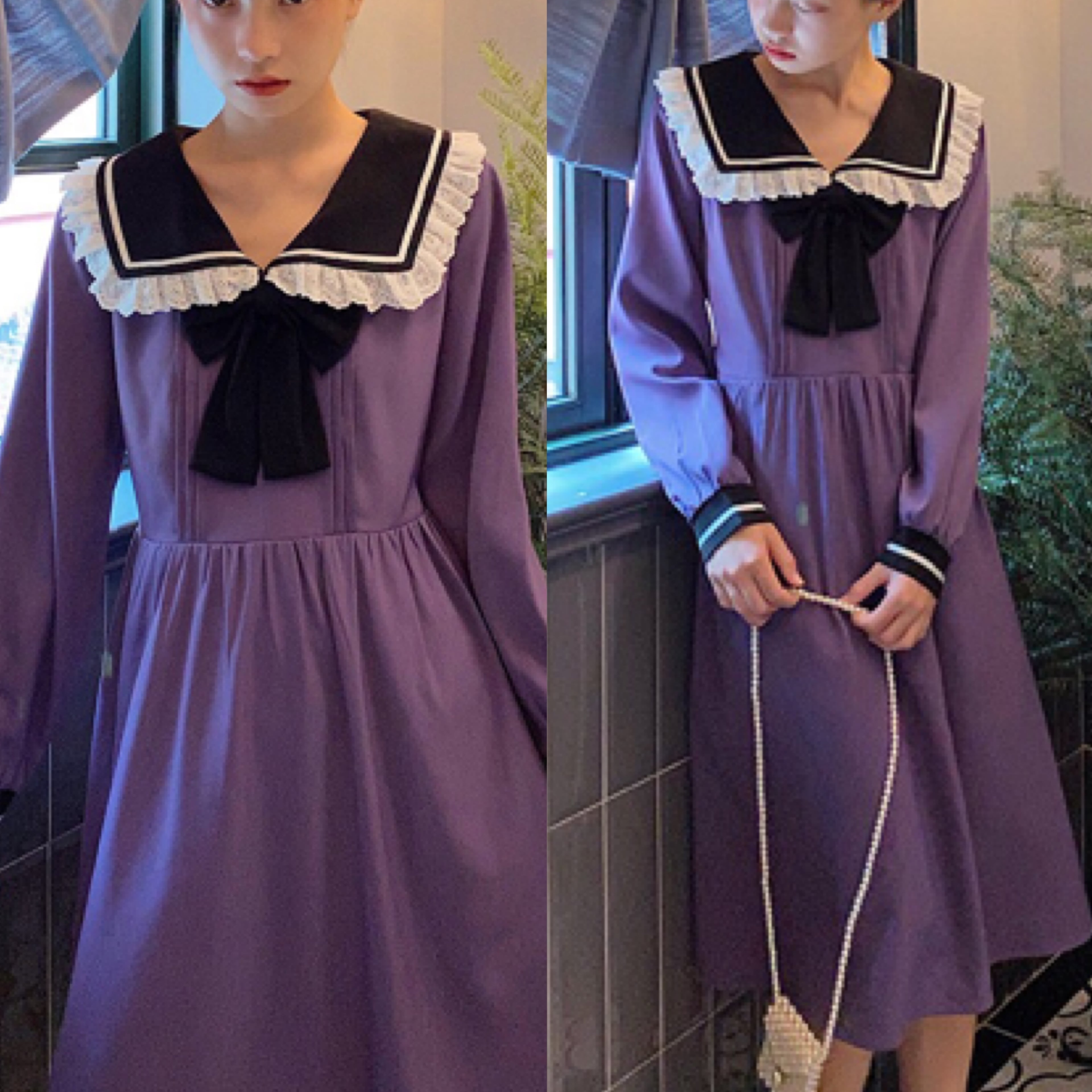 紫 セーラー ワンピース リボン 制服 パープル | LOVEYsmileSHOP