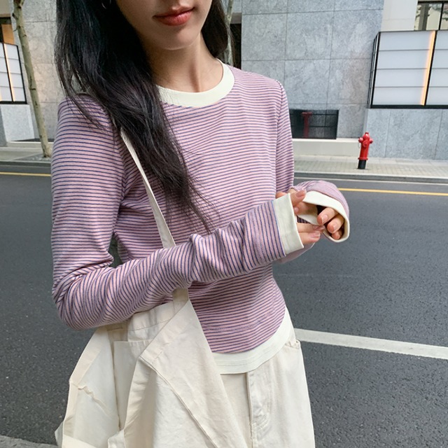 border crew neck cut and sew top J00104