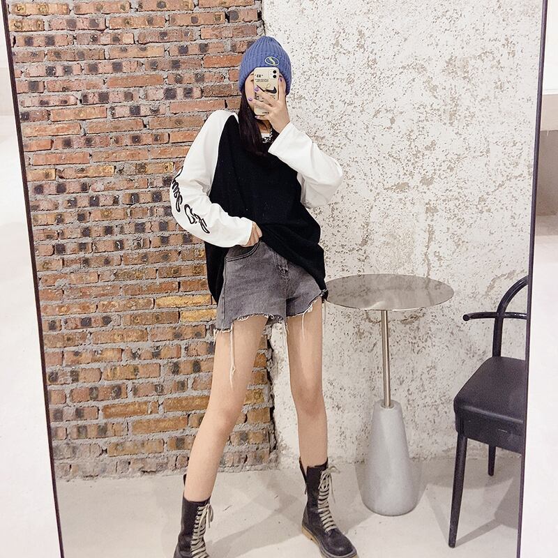 ファットシスター秋袖レターシャツカバーミートカジュアルプラスサイズレディース長袖長袖Tシャツ潮 ミックスインファッション59895136436