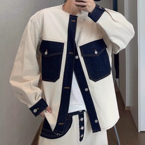 Vintage Off-White Patchwork Denim Jacket – Collarless Button-Front Jacket (FD092)