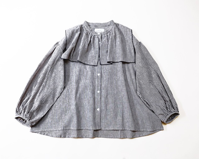 《michirico 2024AW》Front collar linen stripe shirts / 白 × 黒 / F(大人)