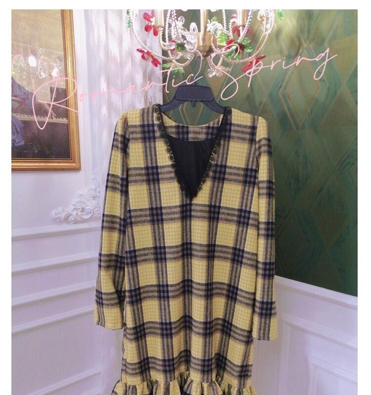 黄色 チェック ワンピース ゆったり ガーリー ツイード 黄色 黒 リボン