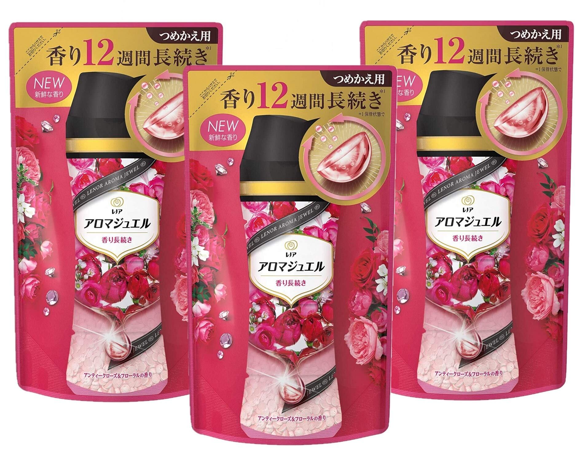 【努力特価】【まとめ買い】 レノア ハピネス アロマジュエル ビーズ 衣類の香りづけ専用 アンティークローズ&フローラル 詰め替え 415mL × 3個