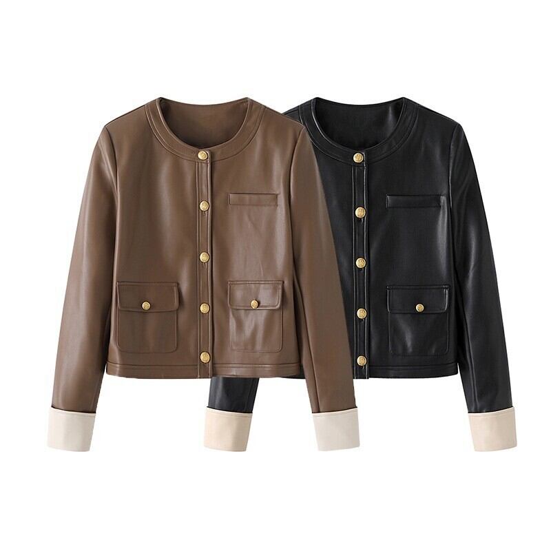 Round neck french leather jacket