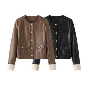 Round neck french leather jacket