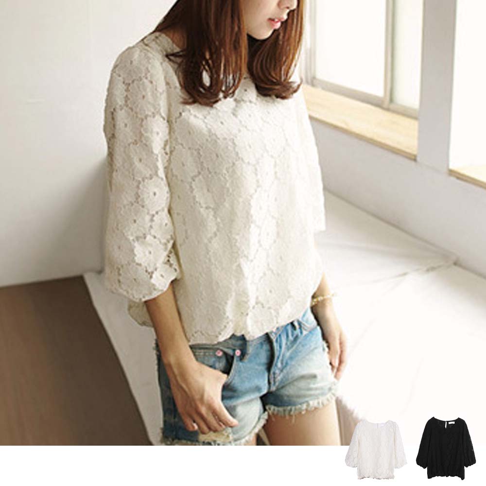 総レース トップス レディース無地ブラウス
