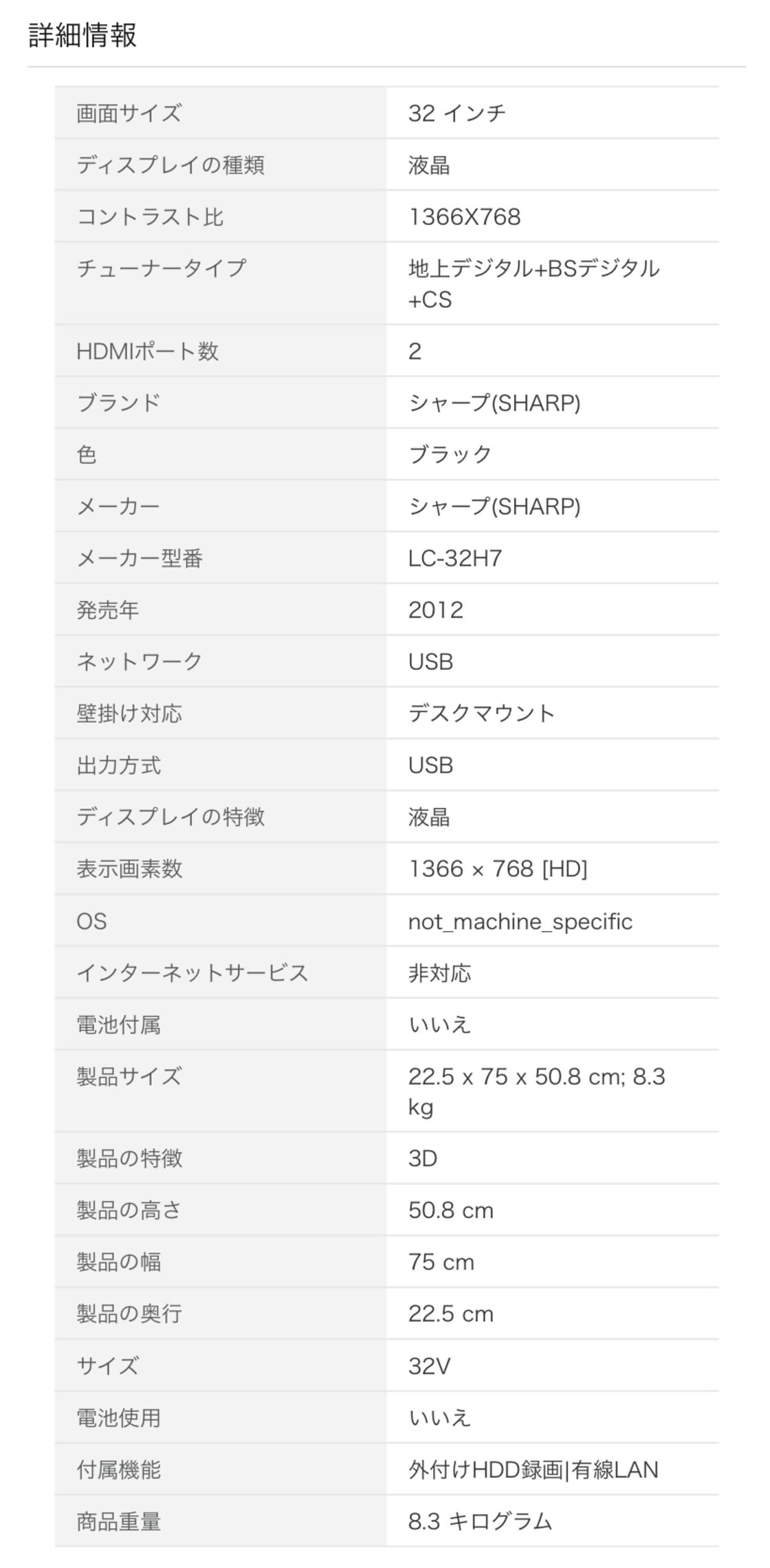 2012年製 32型 SHARP AQUS 液晶テレビ LC-32H7 | PAY ID