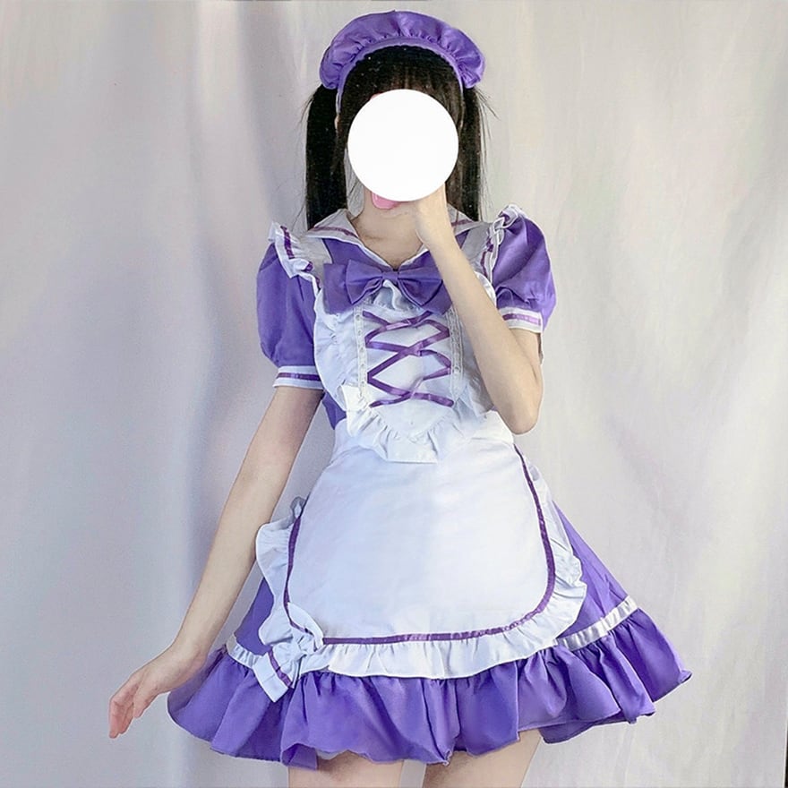 サブカル 服 地雷系 通販 メイド服 黒 紫 ピンク セットアップ エプロン リボン ヘッドドレス付き メイドカフェ衣装 コスプレ衣装