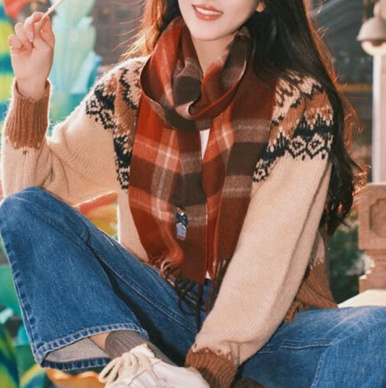 チェック柄フリンジマフラー 9color W10274