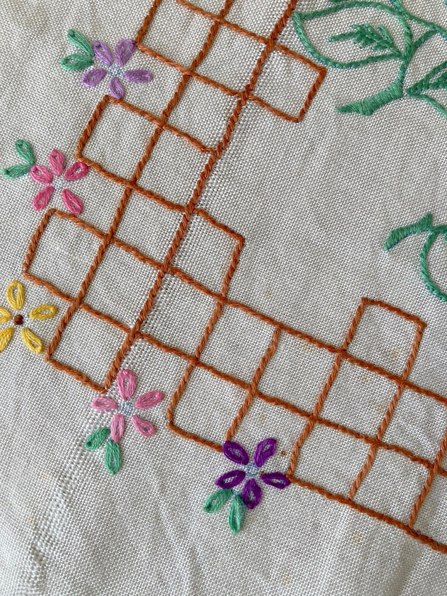 ヴィンテージ 生成り ハンドステッチ 刺繍 正方形 テーブルクロス