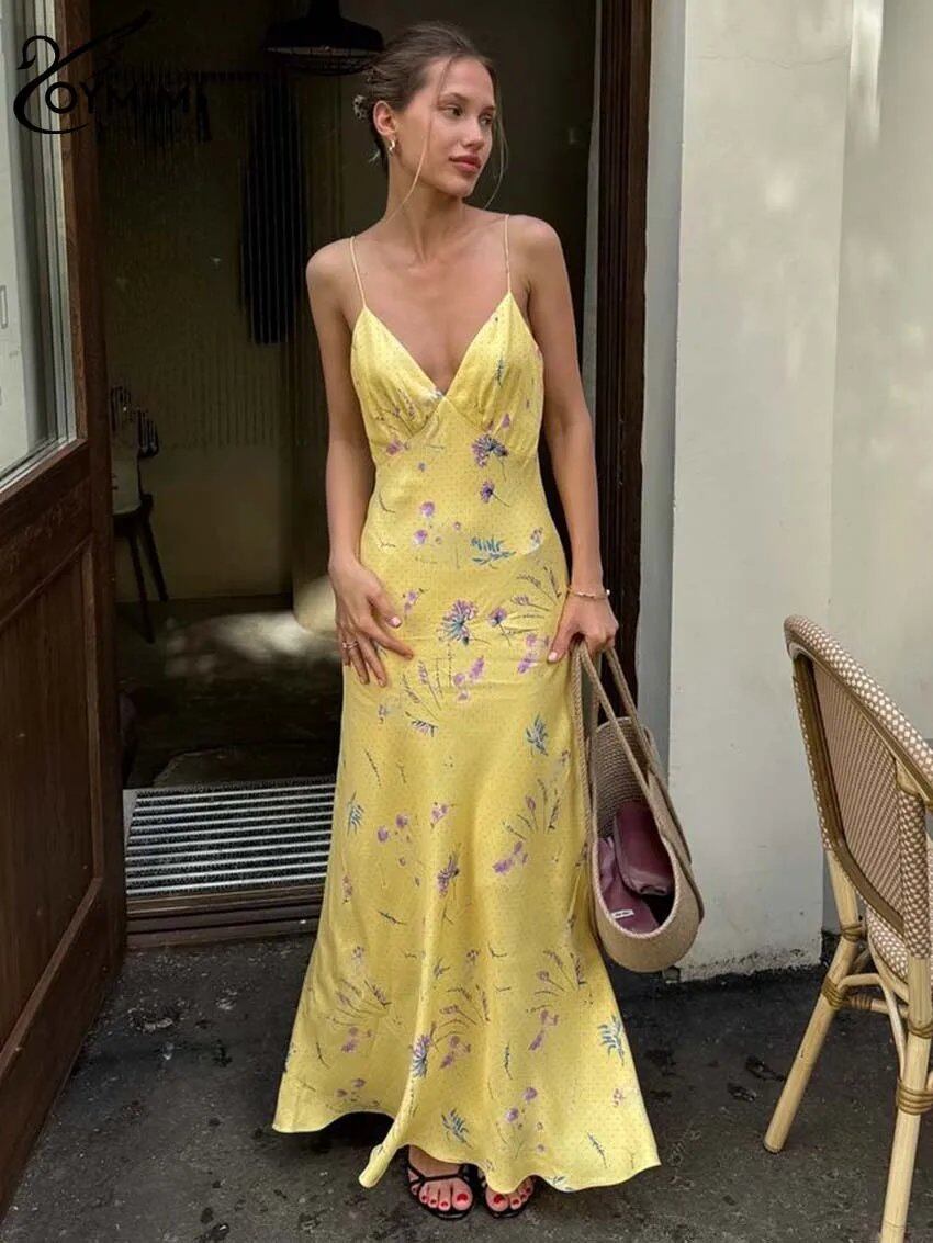 Oymimi カジュアルイエロープリント女性のドレスエレガントなスパゲッティストラップオープンバックドレス秋のファッションハイウエスト足首までの長さのドレス