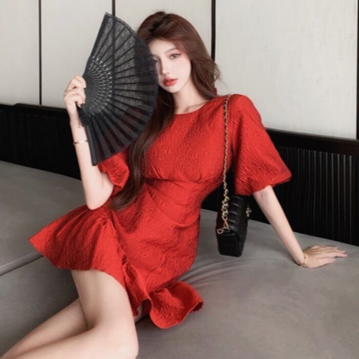 サマースタンダードスリーブスカート ウェスト薄手ドレス ショート レトロ 夏物 ガールズファッション61272836199