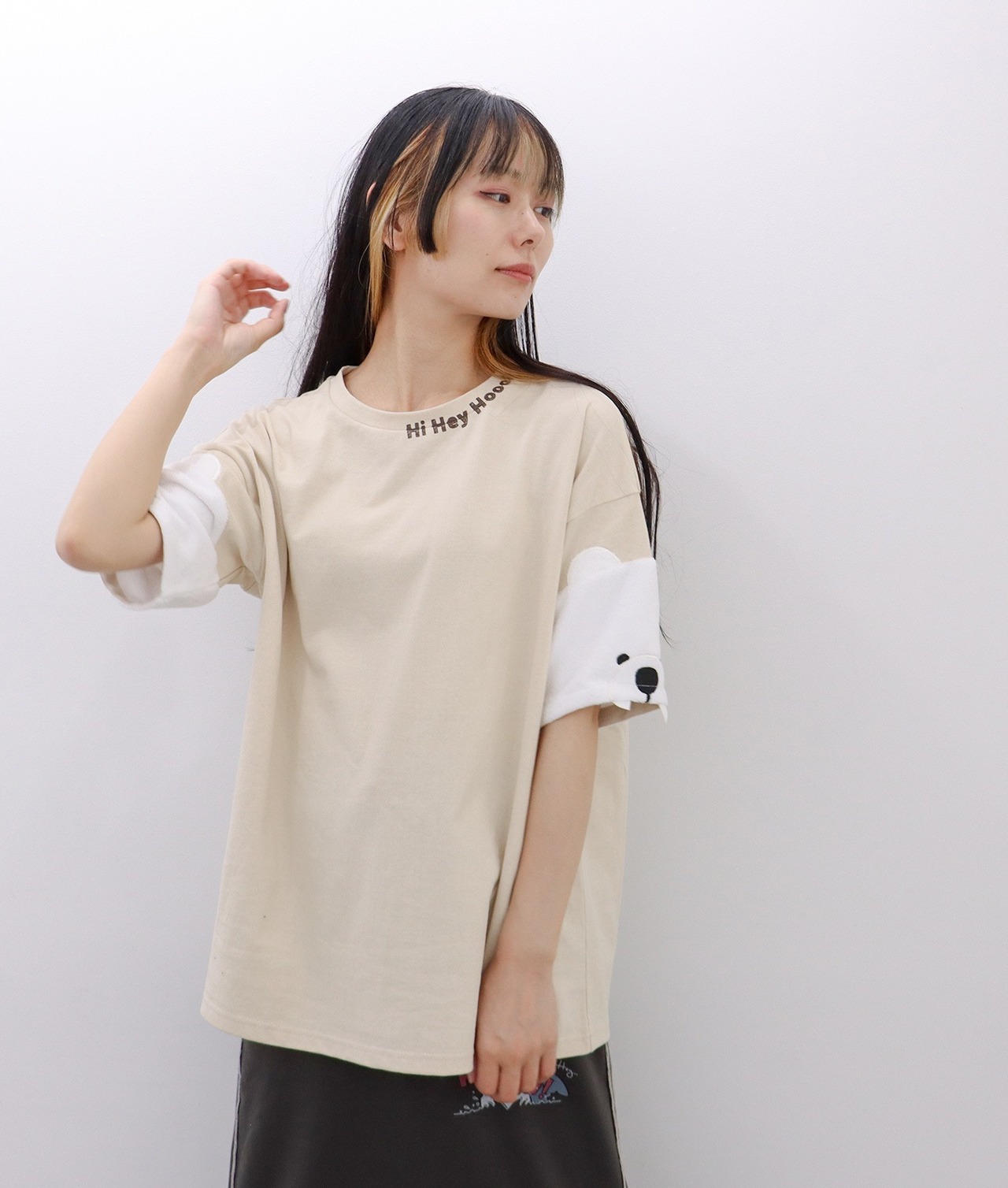 袖キバ サメ＆熊＆ライオン 異素材袖Tシャツ H1240017 - 1