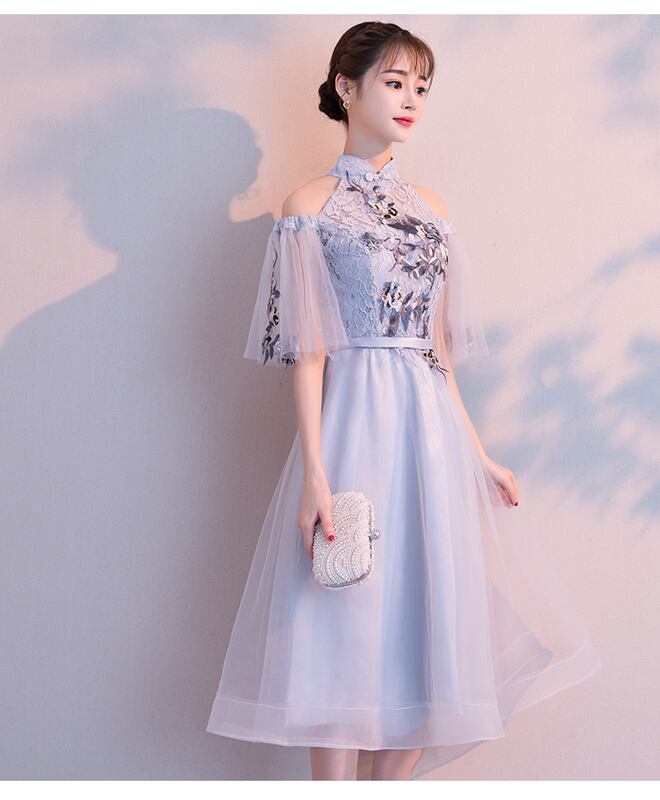 チャイナドレス ワンピース パーティードレス チャイナ風服 二次会 女子会 同窓会 スタンドネック アメリカスリーブ ショート丈 刺繍入り レース 改良型チャイナドレス 大きいサイズ S M L Ll 3l ブルー 青い Elegant