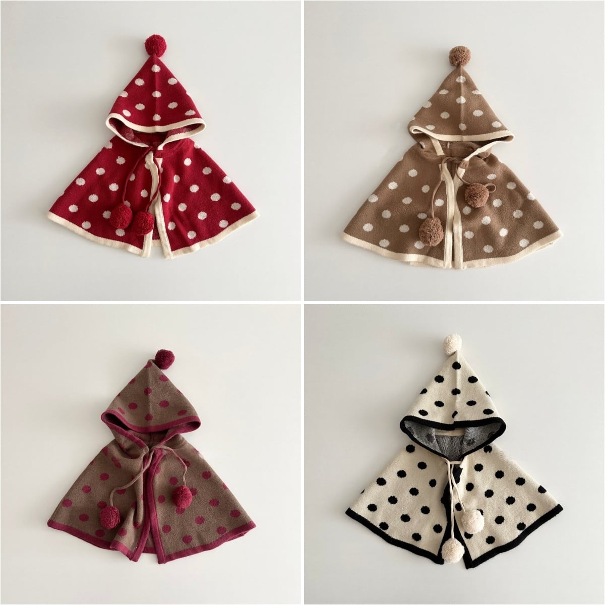 ,幼児キッズ女の子ポンポンフード付きポンチョ ドット柄 lwa0084