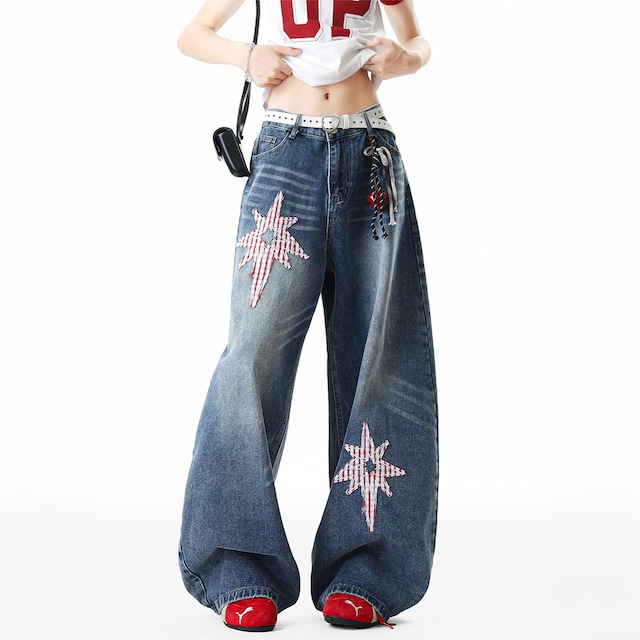 スターパッチワイドデニムパンツ R00973