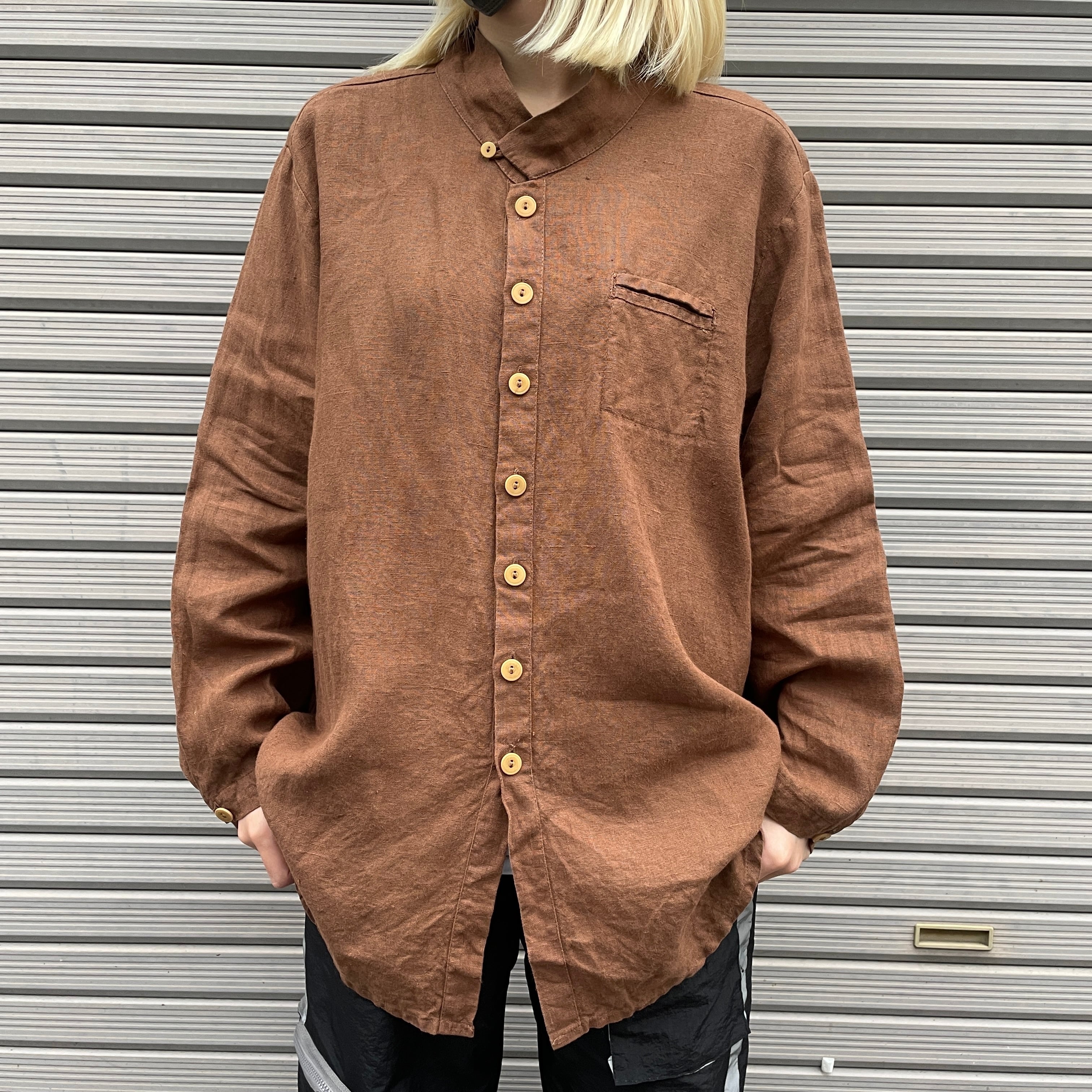 FLAX スタンドカラー 長袖 リネンシャツ メンズL相当 古着 ブラウン 