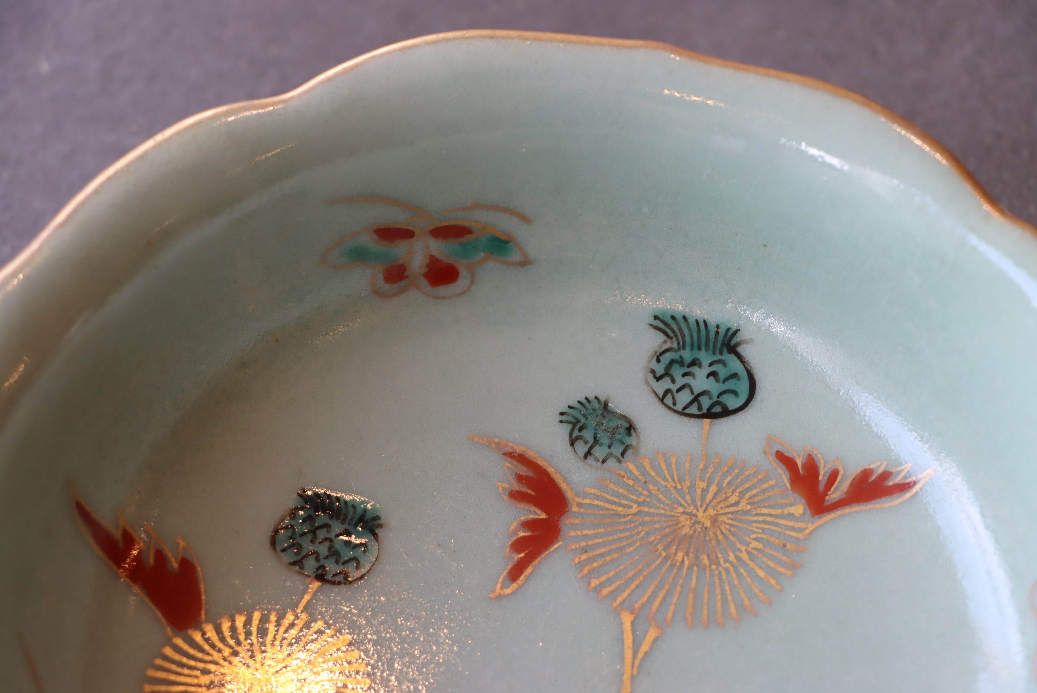 古伊万里 青磁 たんぽぽに蝶文 向付 五客組/Old Imari cup set of 5