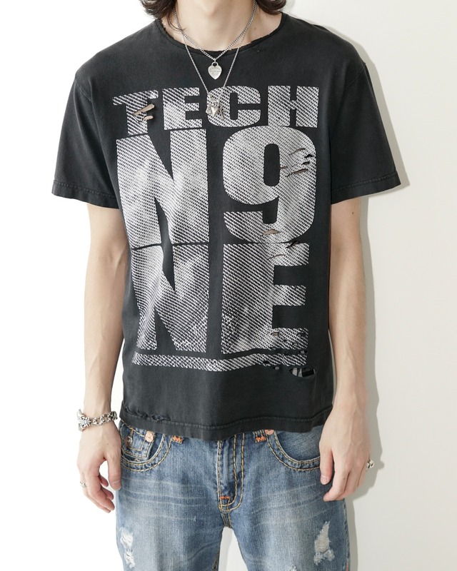 “TECH N9NE” 2000's broken dot print text T-shirt