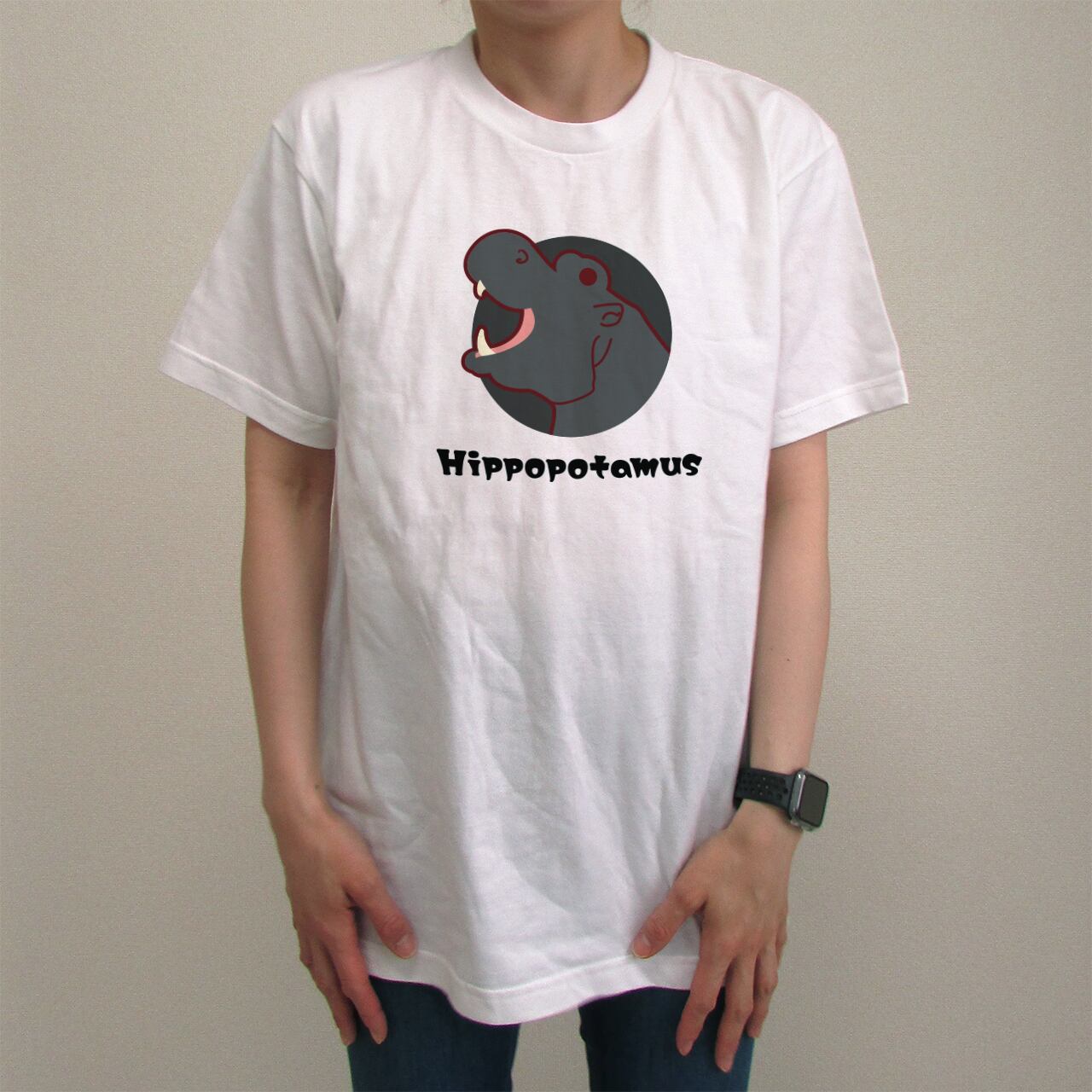 カバ 日本語｜カラープリントTシャツ【ホワイト／送料無料／受注生産