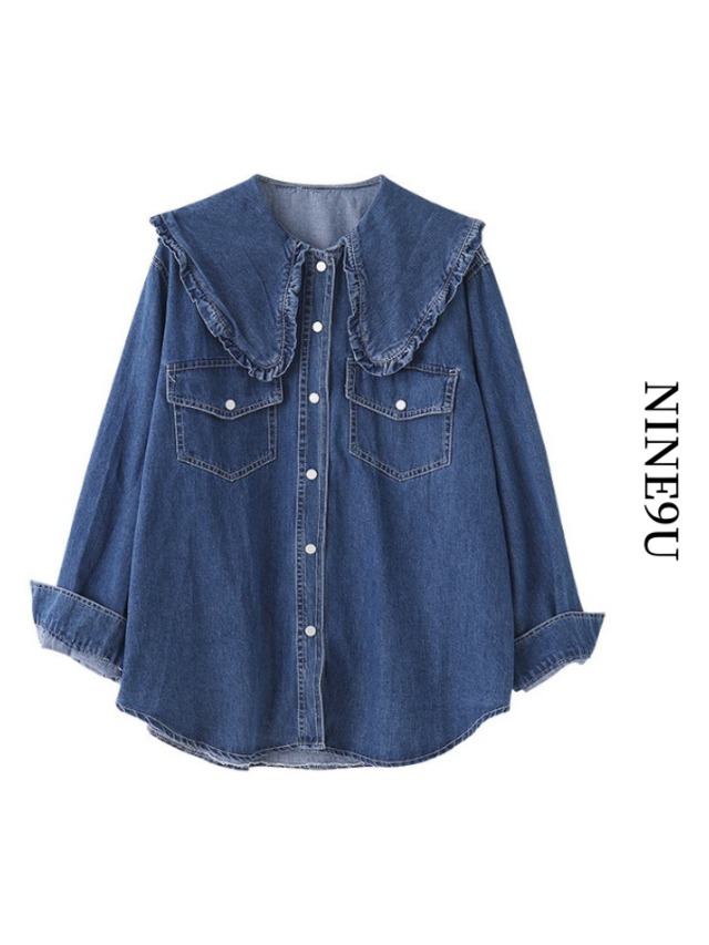 frill-collar denim ovresize shirt【NINE7672】