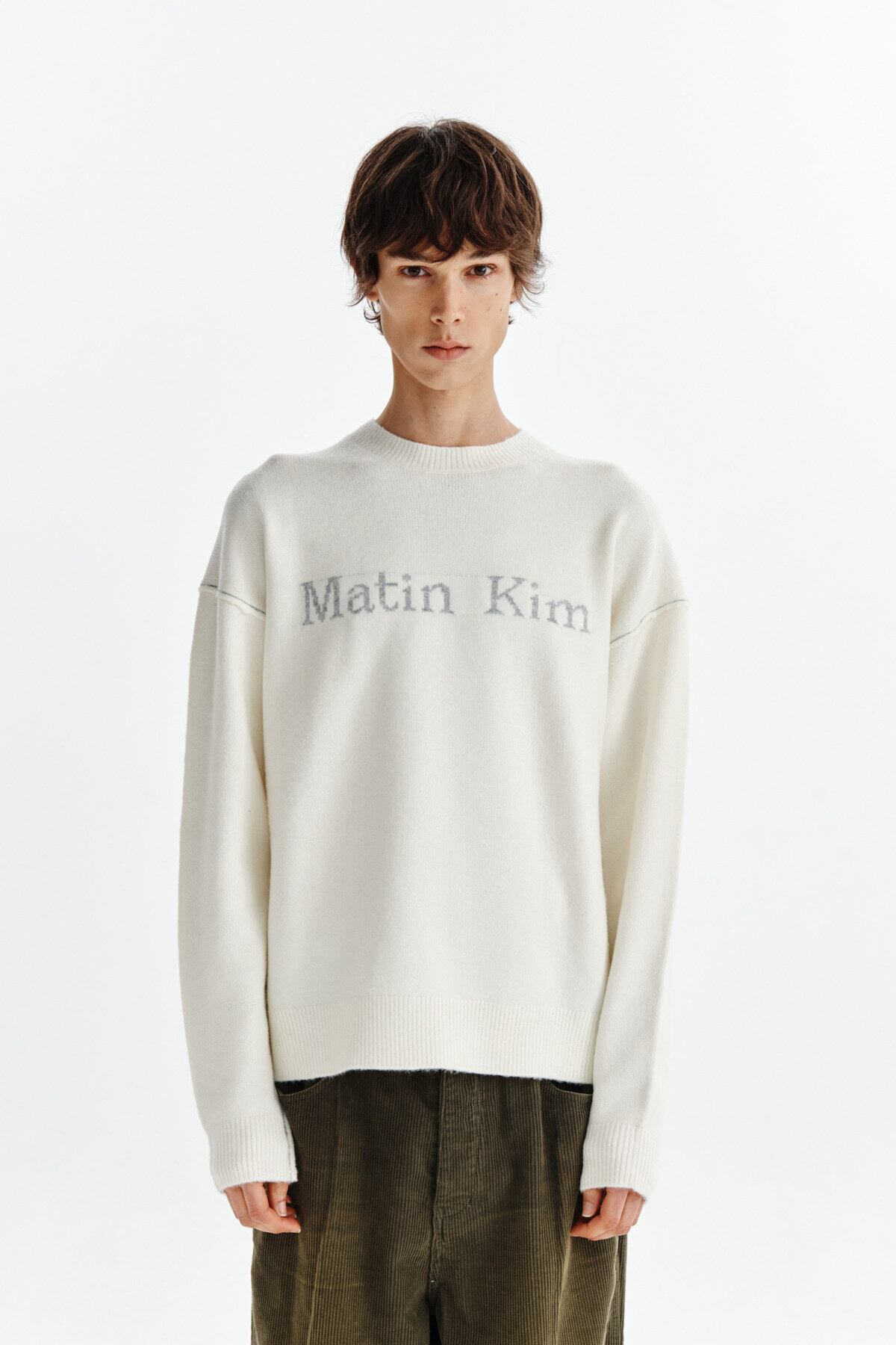 matin kim 韓国 Matin Kim] COLOR LINE POINT LOGO KNIT PULLOVER IN IVORY 正規