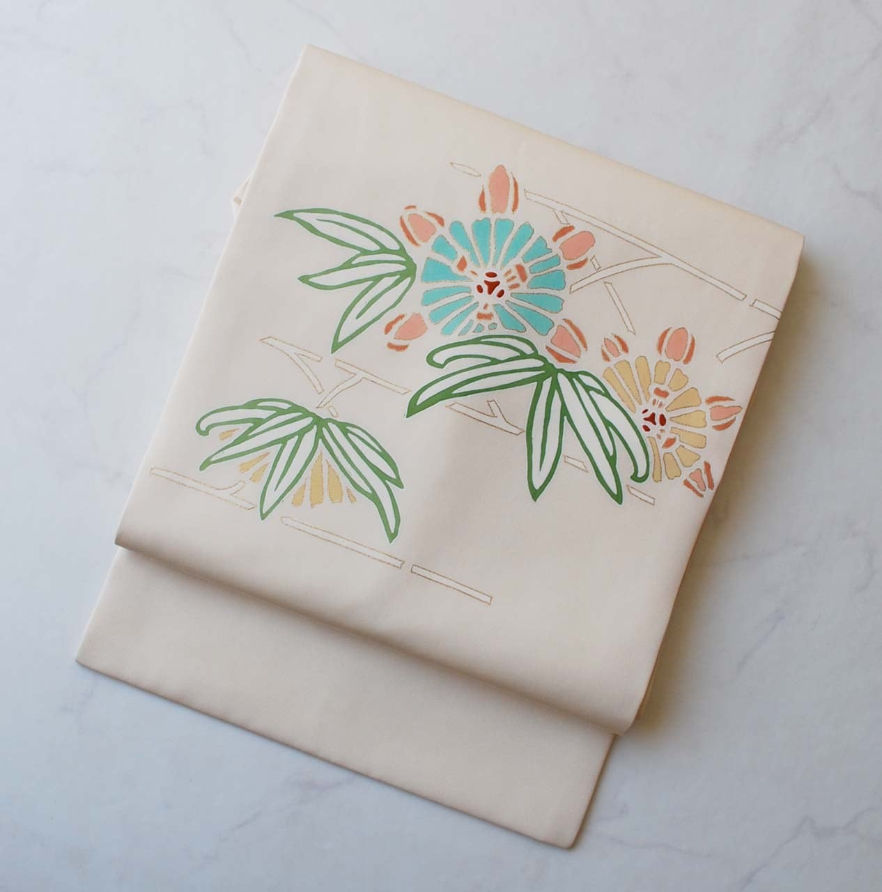 【なごや帯】生成り色 抽象花笹文 塩瀬なごや帯