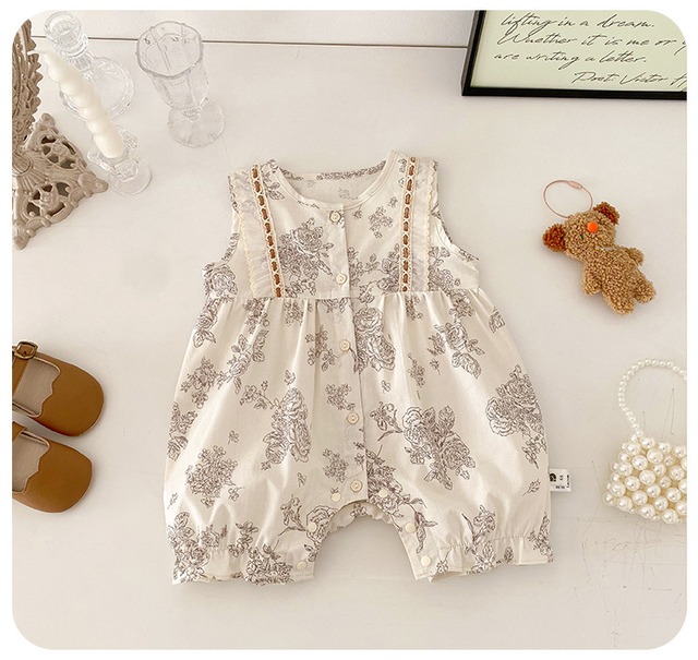 【BABY】エレナローズ花柄ノースリーブロンパース - 8