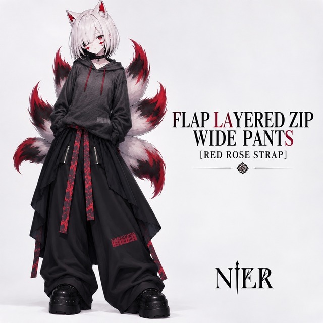 FLAP LAYERED ZIP WIDE PANTS【RED ROSE STRAP】